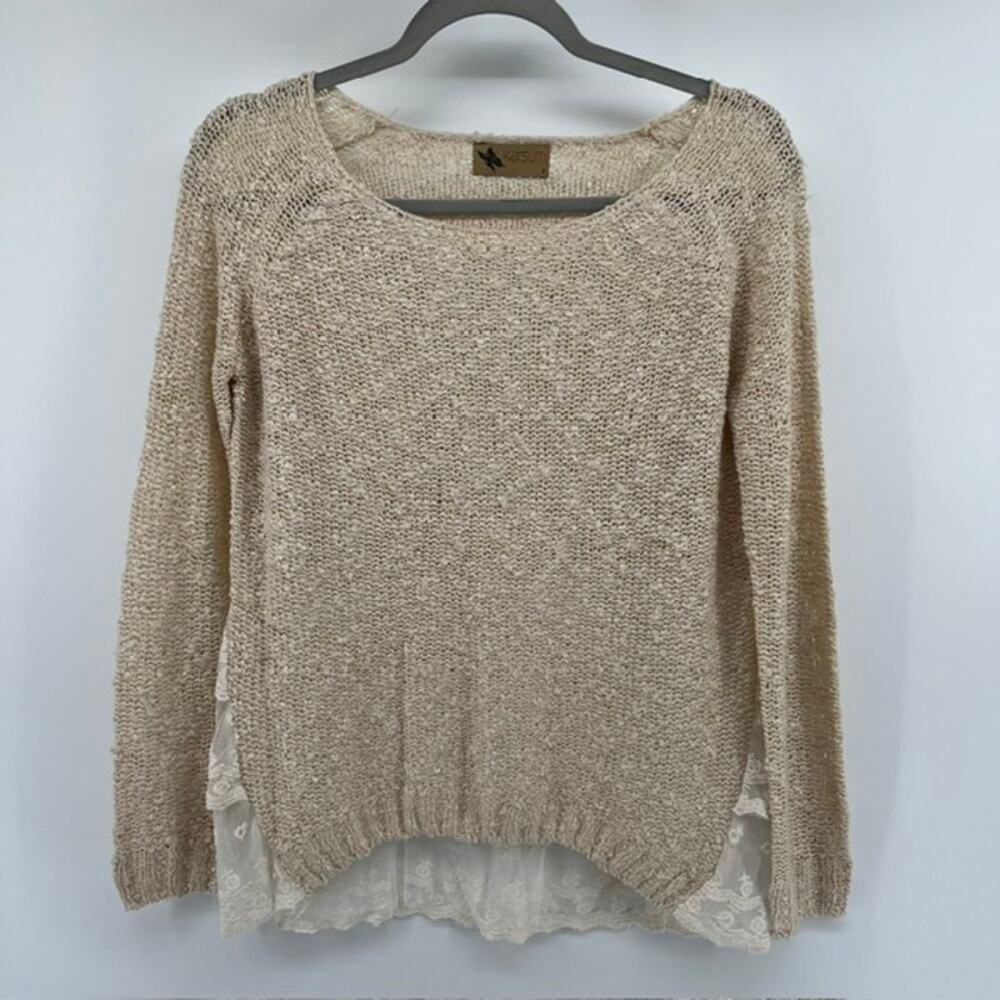 Katsumi Open Weave Sweater Womens M Oatmeal Beige Lace Back Boho Loose Fit